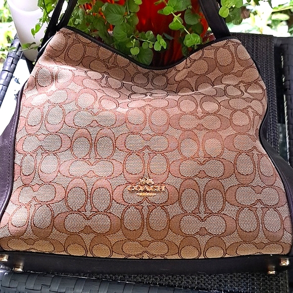 COACH EDIE G1680 Khaki Canvs Signatur and Brown Leather Shoulder Bag Excellent - Picture 3 of 15